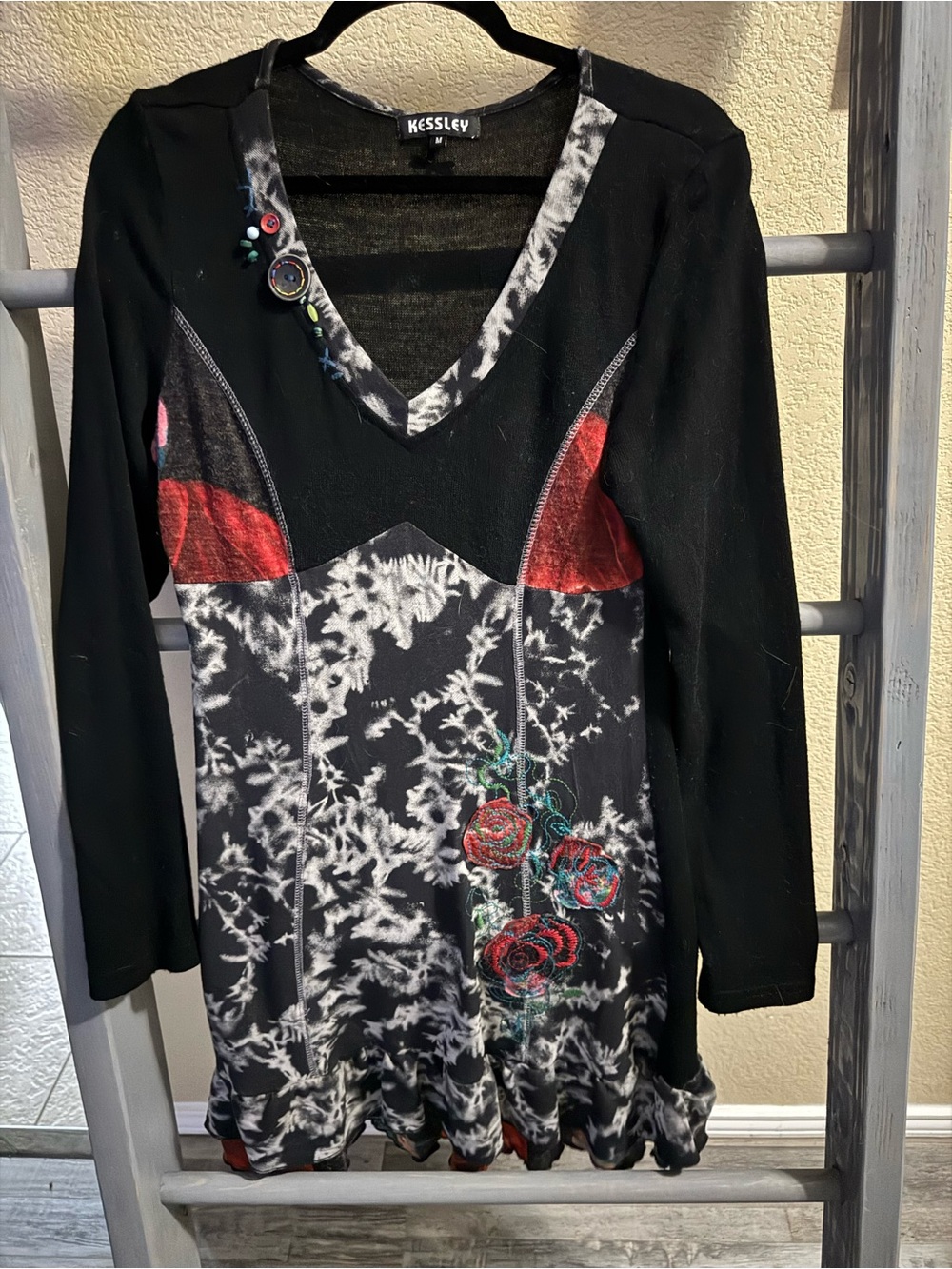Kessley Black Long-Sleeve V-Neck Dress with Red Floral Detail